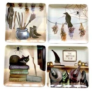 Halloween Spooky Night App Dessert Plates Set of 4 Melamine Witch Raven 6" Sq.